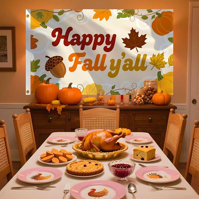 Fall Flag 3x5 Ft Thanksgiving Flag Happy Fall Y'all Banner Double Printed Harvest Pumpkins Maple Leaves Thanksgiving Party Supplies Backdrop Autumn Yard Sign Outdoor Indoor Holiday Decor