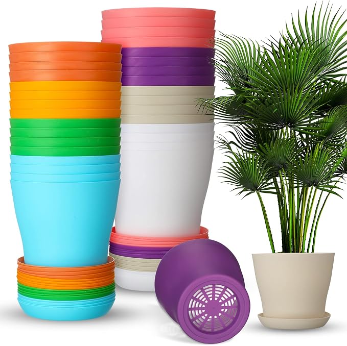 Yinder 32 Pcs 6 Inch Nursery Pots Flower Pots Colorful Plastic Plant Pot Seed Starting with Saucers and Drainage Holes Plant Container for Herbs Houseplants Seeding Nursery Flowers