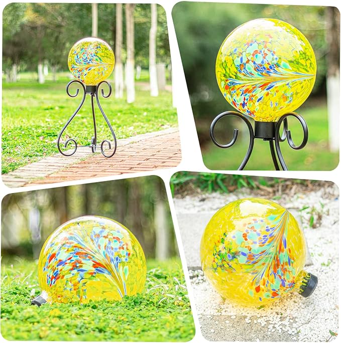 VCUTEKA Gazing Ball, Glass Gazing Balls Garden Globe Decor 10" Yellow | Handcrafted yellow swirl glass gazing balls that creates elegant garden focal point in any outdoor landscape yard decorative