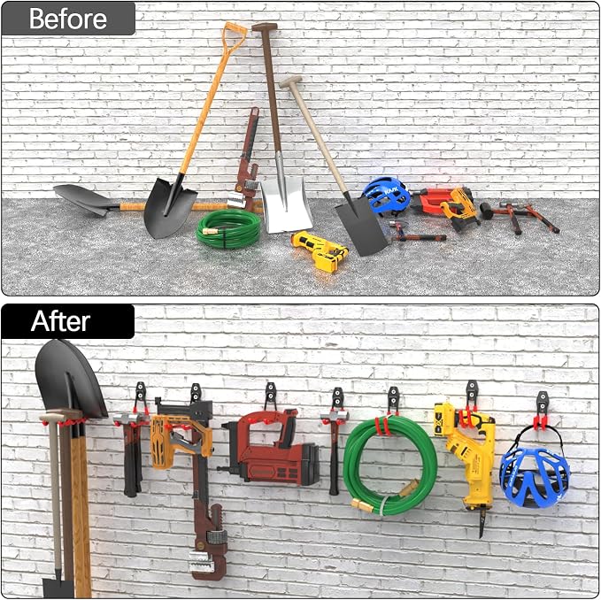 3-H Garage Wall Hooks 46 Pack,Garage Hooks Heavy Duty,Garage Storage Hooks for Hanging and Organizing Garden,Lawn,Yard Tools,Chairs,Ladders,Weed Eater,Shovel,Blower(Red)