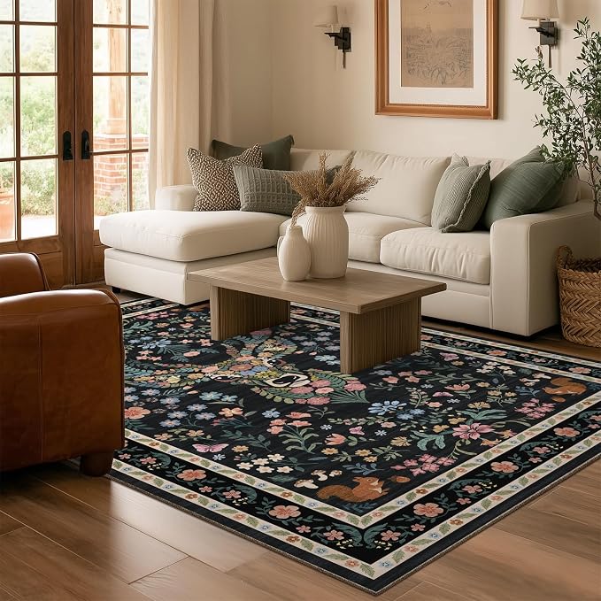 Area Rug Vintage Floral Deer Pattern 5x7 - Bohemian Forest Animal Carpet with Squirrel & Butterfly, Soft Decorative Area Rug for Living Room Bedroom Home Decor