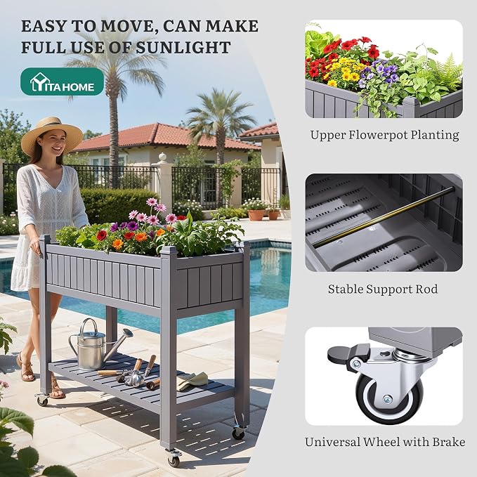YITAHOME 3.6x1.5x2.8 FT Elevated Garden Bed Kit with Legs and Wheels, Outdoor Large Resin Planter Box Stand with Drain Plug and Storage Shelf for Plants Vegetables Fruits, Light Brown