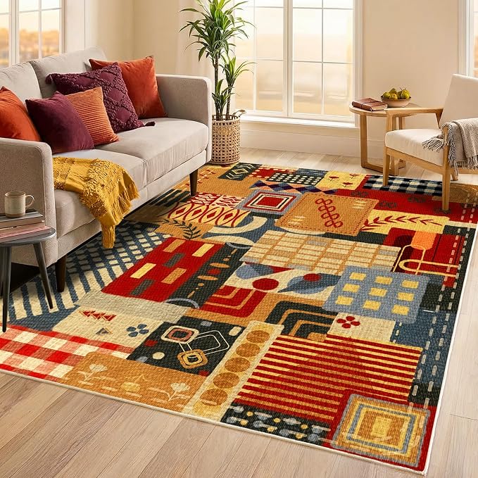 Washable 4x6 Patchwork Area Rug, Boho Tribal Geometric Colorful Rug | Non-Slip Low Pile Indoor Carpet| Vintage Rustic Rug for Dining Room Bedroom Office Entryway Decor| Southwestern Rustic Rug