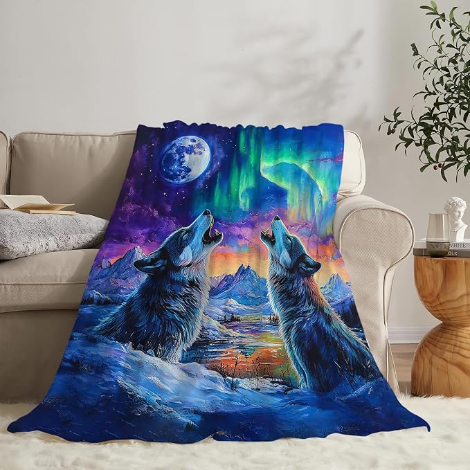Wolf Throw Blanket Wolves Animal Gifts for Girls Women Men Boys Plush Cozy Flannel Fleece Fuzzy Landscape Blankets Decor 50"X40"
