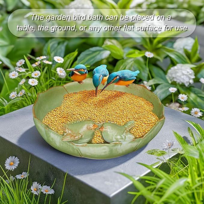 Ceramic Bird Bath for Outdoors, 10 Inch Bird Bath Bowl Only, Heavy Duty Ground Bird Feeders Tray, Durable Bird Feeding Bowl for Yard and Garden, Green