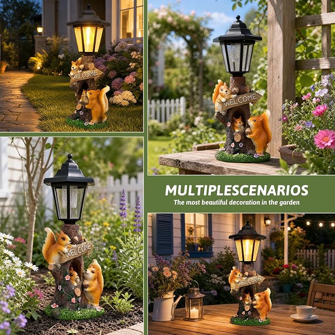 Solar Squirrel Garden Statue, Outdoor Decor with LED Lantern for Patio Lawn Pathway Landscape Decoration Gifts for Mother's Day Birthday Housewarming