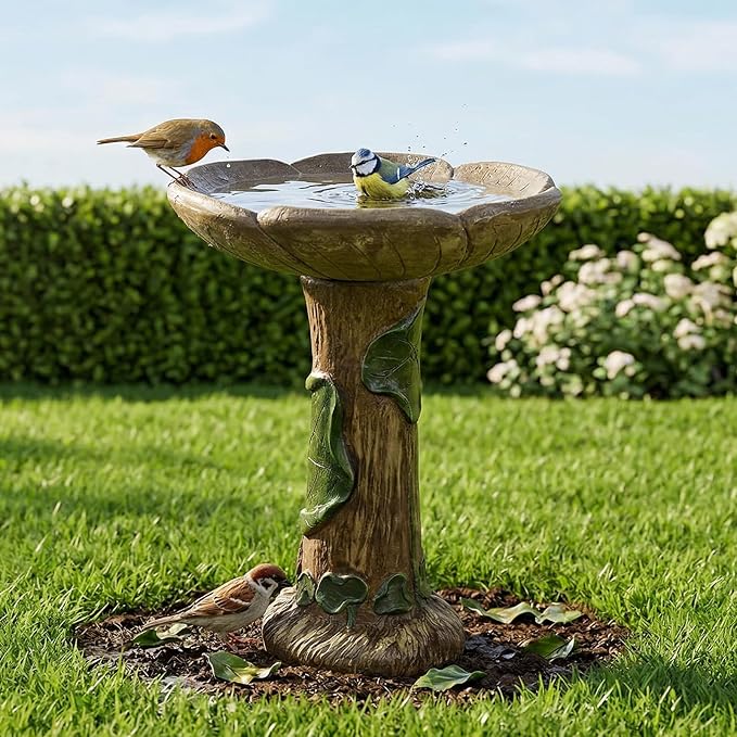 SunJet 24” High x 19” Diameter Outdoor Bird Bath with Tree Stump Leaf Design - Fibre Reinforced Concrete Birdbaths for Garden, Patio, Yard, Lawn Décor