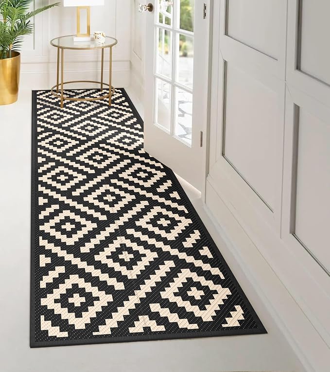 GENIMO Outdoor Rug 2.5'x8' Waterproof, Reversible Camping Mat, Plastic Straw Rugs for Patio, RV, Camper, Balcony, Backyard, Picnic, Deck (Black & Beige)