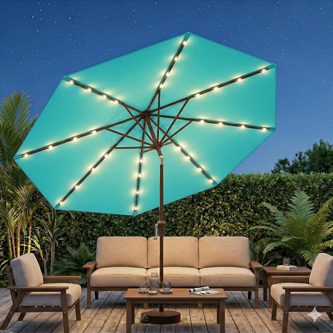 10FT Solar Patio Umbrella with Lights, Outdoor Table Market Umbrella with 32 LED Lights, 8 Sturdy Ribs, Push Button Tilt and Crank for Pool, Deck and Garden, UV-Resistant
