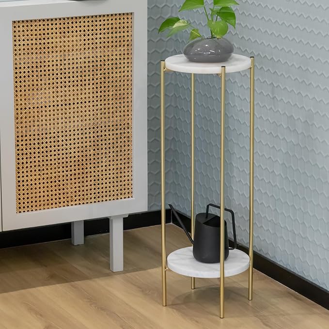 Gold Plant Stand Indoor Tall - 2 Tier White Marble Top Side Table, 29.5 Inch Modern Round Metal End Table for Living Room Corner, Small Bedside Tables for Entryway & Bedroom (11x11, Gold)