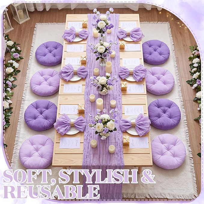 Beeveer 71x118'' Extra Large Outdoor Picnic Blanket with Light Purple Table Runner 8 Napkins and 8 Purple Floor Pillow Cushions for Picnic Party Camping Wedding Bachelorette Birthday Baby Shower Decor