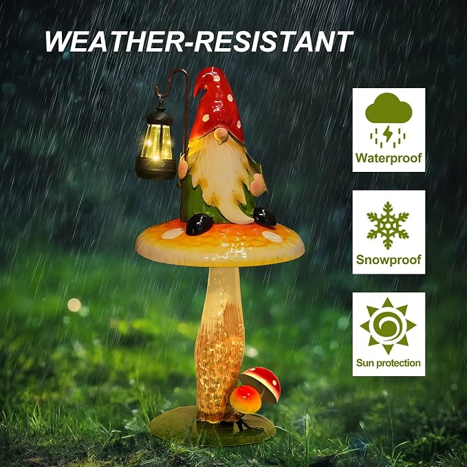 HONGLAND Solar Garden Gnomes Outdoor Statue, Waterproof Outdoor Mushroom Decor with Solar Lantern LED Lights for Yard, Patio, Lawn Ornaments, Ideal Gifts for Mom Grandm, Housewarming Gifts-16.5"