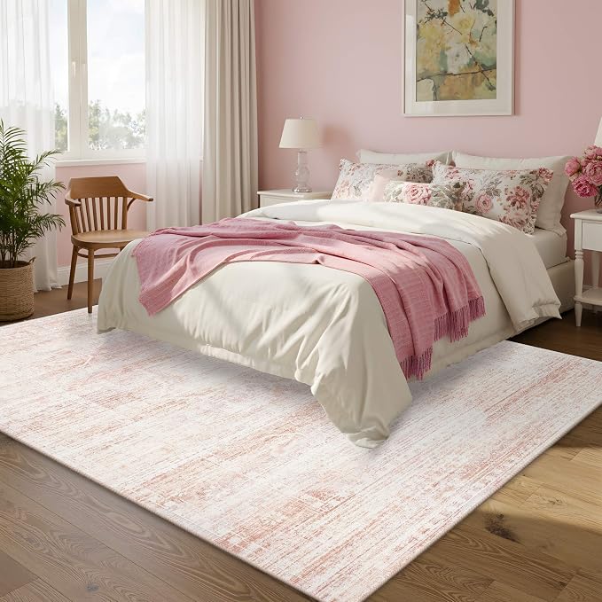 Latte&Fog 5x7 Pink Area Rugs for Girls Bedroom Washable Living Room Rugs | Non Slip Low Pile Soft Floral Cute Carpet for Dining Kitchen Kids Playroom Nursery Guest Room Classroom Dorm Farmhouse Office