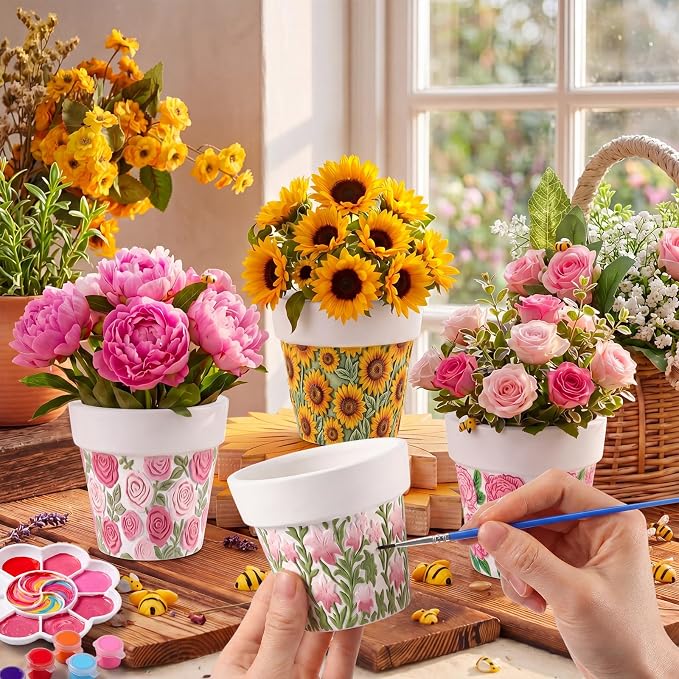 Zubebe 8 Pcs Paint Your Own Ceramic Pots Bulk Unfinished Succulent Pots Craft Kit with Drainage Hole Mini Paintable Plant Vase Ready to Paint Planter for Cactus DIY Craft (Elegant Flowers Tapered)