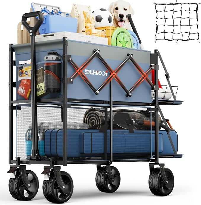 Double Decker Collapsible Wagon with Brakes,Compact with Tailgate | Big All-Terrain Wheels , 2-Tier for Camping Gear, Sports, Groceries, Shopping, Garden & Outdoor Use,Light Blue