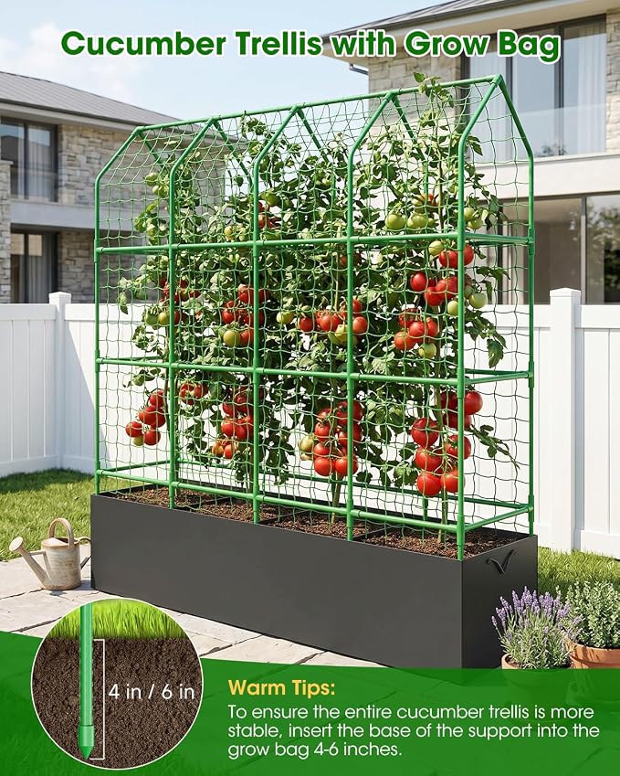65" Cucumber Planter with Trellis for Climbing Plants Outdoor, Metal Garden Trellis for Raised Bed, Plant Support Structures with Netting for Cucumbers Tomatoes Beans Peas (67 * 17 * 65inch(L*W*H)