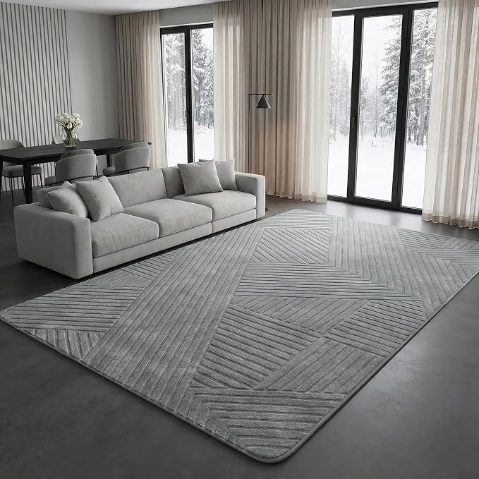 5x7 Gray Modern Geometric Area Rug for Living Room Bedroom, Washable | High-Low Pile Minimalist Textured Carpet, Ultra Soft, Fluffy Floor Rugs for Bedroom, Kids Room, Nursery, Home Décor, Grey