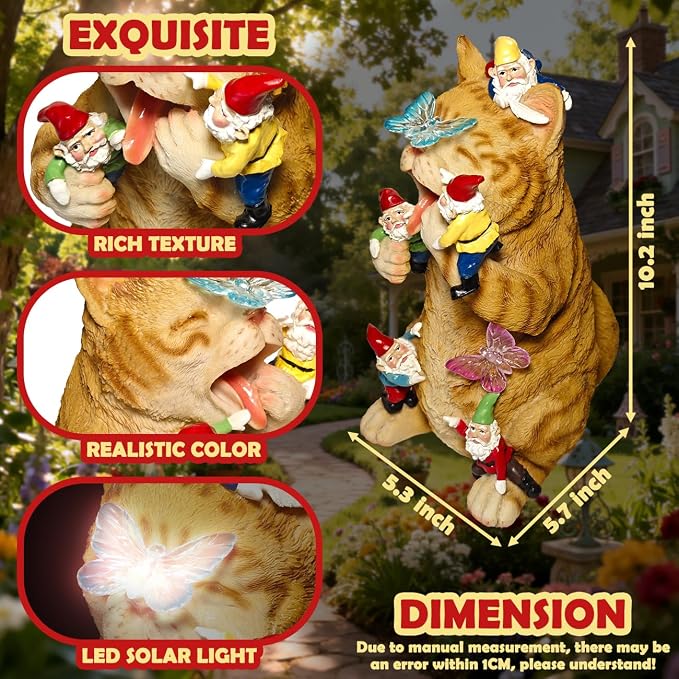 Sunthus Garden Gnome Cat Yard Art Resin Statue Décor | Solar Light Figurine For Outdoor Garden Decorations