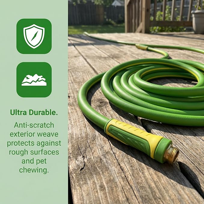PremiumPro 25FT 5/8" Heavy Duty Reinforced Garden Hose, Large Flow,600 PSI Burst Pressure, Four Layer Hybrid Polymer Anti Kink with 360 Swivel Brass Connectors and handle for yard,washing & irrigation