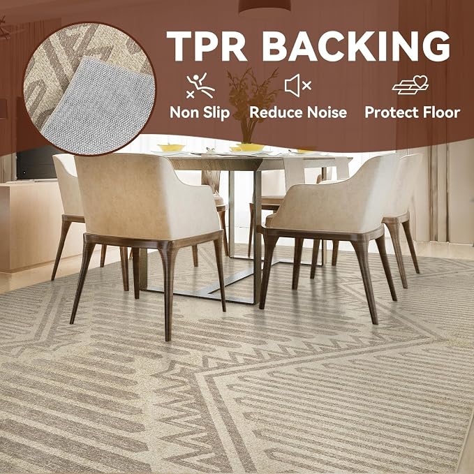 Boho Beige 8x10 Area Rugs Textured Tufted Rugs for Living Room Bedroom Nursery Rug-Carpet Washable Brown Neutral Modern Aztec Rug