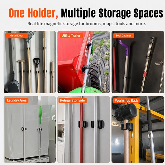 3-H Magnetic Broom Holder 4pcs, Stainless Steel No Drill Mop Holder Wall Mount with 2 Mini Magnetic Hooks, Movable Magnet Tool Organizer for Garage Laundry Kitchen Garden RV, Silver