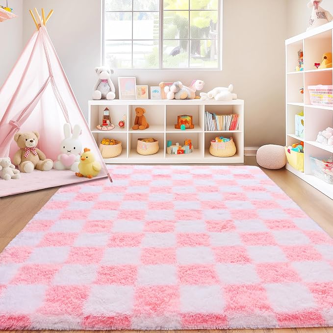 Checkered Rug 9x12 for Living Room, Ultra Fluffy Fuzzy Shag Large Area Rug for Bedroom, Modern Plush Soft Upgrade Non-Slip Carpet for Kids and Girls Room Dorm Home Decor, Pink and White