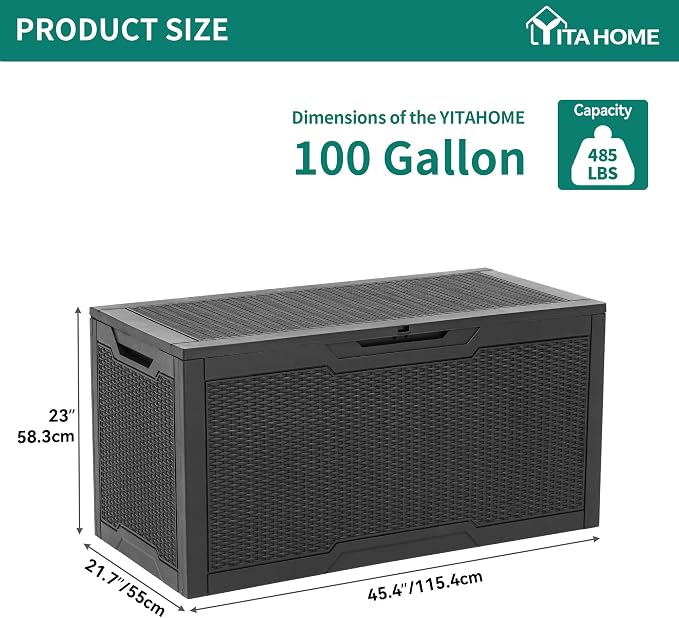 YITAHOME 100 Gallon Outdoor Storage Box, Large Water Resistant Resin Deck Box, Indoor Outdoor Lockable Storage Container for Patio, Garden, Cushions, Tools, Equipment (Black)