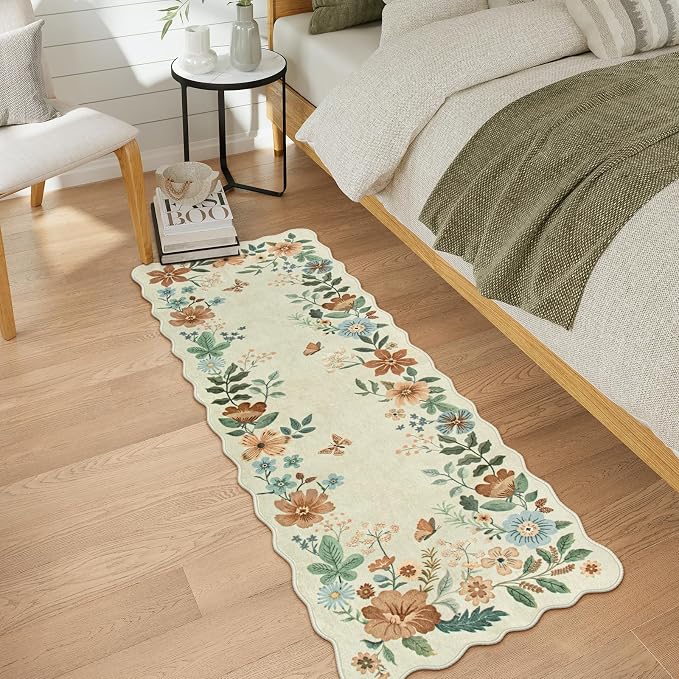 Lahome Floral Kitchen Runner Rug, 2x5 Rug Runners for Hallways Non Slip | Soft Ultra-Thin Washable Carpet Runner Non Slip Low-Pile Boho Carpet for Bathroom Bedroom Flore (2x5ft, Beige)