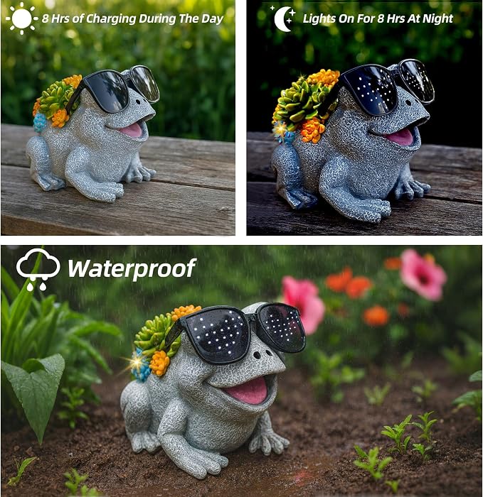 Frog Solar Garden Statue Decor with Succulent and Led Lights Outdoor Decoration for Lawn Backyard Patio Yard Ornament Housewarming Birthday Gifts for Mom Grandma Women