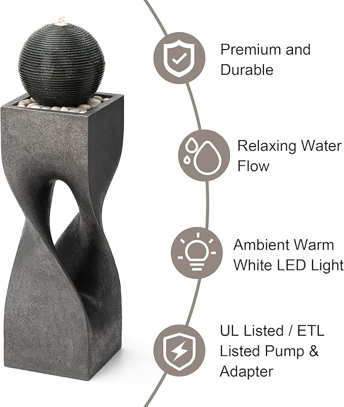 Glitzhome Modern Water Fountain Outdoor with LED Light, Oversized Geometric Outdoor Fountains and Waterfalls, Sphere Rock Fountain with Pebbles for Garden Backyard Patio, 40.5”H