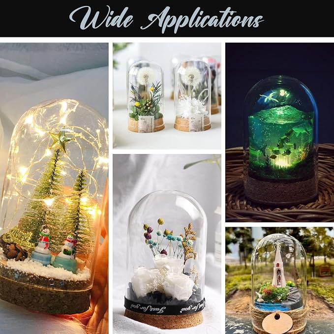 IMIKEYA 5Pcs The Bell Jar Glass Cloche with Rustic Wood Base, Tall Clear Decorative Cloche Glass Dome Display Case for Plants, Curios, Keepsakes, Heirlooms