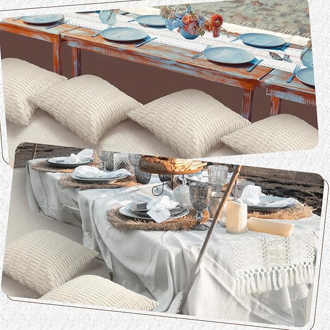 Beeveer 8 Pcs White Picnic Kit Extra Large Outdoor Boho Picnic Blanket 91x71'', Low Table Runner, 6 Throw Pillow Covers, Woven Cotton Yarn Oversize Washable Beach Blanket for Camp Wedding Garden Decor