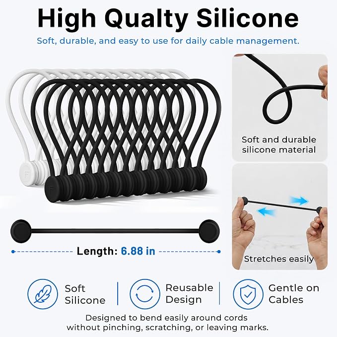 COOLMI Magnetic Cable Ties 24 Pack, 6.88 Inch Reusable Silicone Cord Organizer Wraps, Strong Magnet Cable Management Straps for Charging Cords, USB Cables, Earbuds, Desk, Travel, Black and White