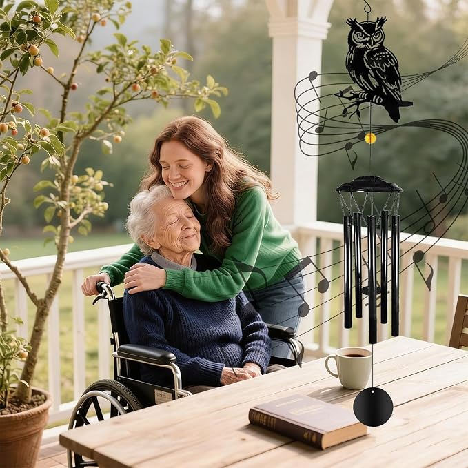 Owl Wind Chimes for Outside - Owls Windchimes Outdoors Metal Sympathy Owl Gifts for Women Mom Grandma Friend, Owls Wind Chime Outdoor Garden Patio Porch Balcony Decor (Black)