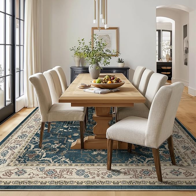 Vintage Distressed 8x10 Rugs for Living Room Bedroom, Washable Non Slip Dining Room Rugs for Under Table, Low Pile Thin Soft Carpet Farmhouse Dark Medallion Printed, Deep Blue/Multi
