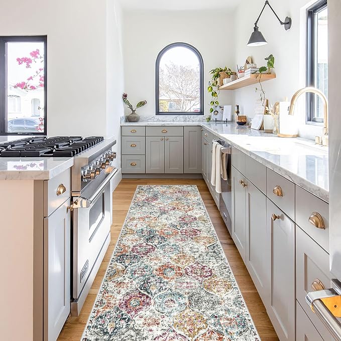 Lahome Moroccan Hallway Rug, 2'5''x8' Soft Washable Kitchen Runner Rugs | Non Skid Runners for Hallways Ultra-Thin Oriental Carpet for Laundry Room Bedroom Bathroom Elise, Aqua Multi