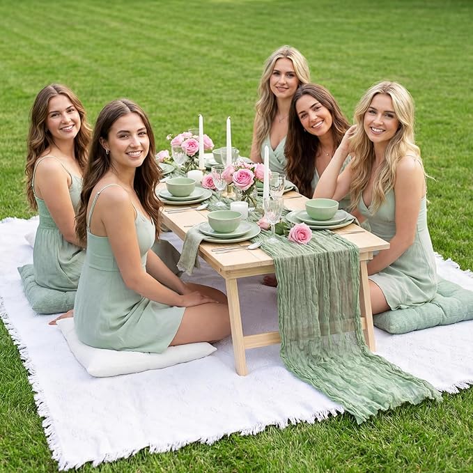 8 Pcs Fit for 6 People 91 x 71'' Extra Large Outdoor Picnic Blanket with Sage Green Table Runner and Floor Pillow Cushion Fit for 6 People Picnic Wedding Birthday Baby Shower Backyard Decor