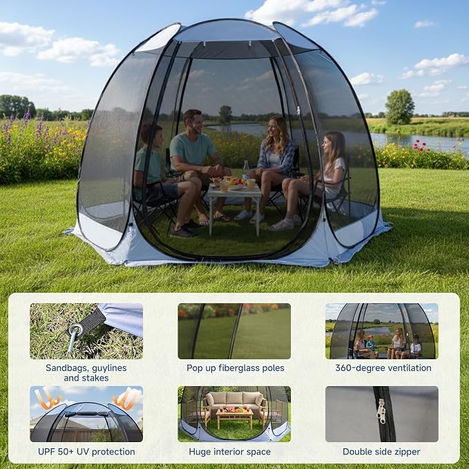 Alvantor Pop Up Screen House Tent, Instant Outdoor Gazebo with Mosquito Netting & UPF 50+ Sun Protection, Portable Canopy Shelter for Patio, Backyard, Camping (2-10 Person)