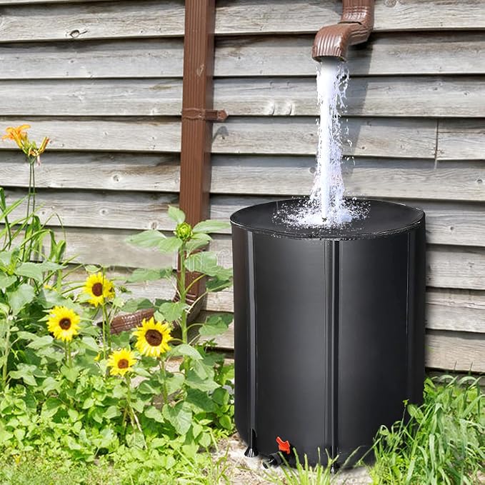 50 Gallon Collapsible Rain Barrel, Portable Rainwater Collection System, Rain Catcher Barrel, Water Storage Tank with Two Spigots and Overflow Kit, Rain Water Barrel Collector for Garden, Black