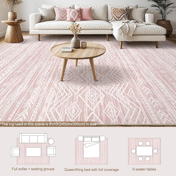 Tortania Area Rug Living Room Rugs- 8x12 Washable Large Soft Neutral Boho Moroccan Bohemian Farmhouse Rug Indoor Floor Carpet for Bedroom Under Dining Table Home Office Decor - Pink