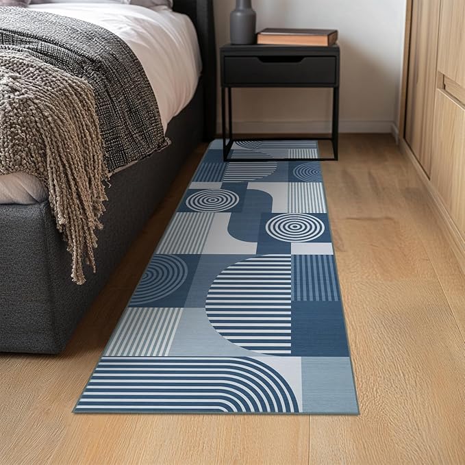 Blue Geometric 2x6 Runner Rug for Hallway Kitchen Bedroom Machine Washable Mid Century Modern Rug Non Slip Low Pile Minimalist Line Runner Rugs Long Floor Mat Carpet for Bathroom Laundry,Blue
