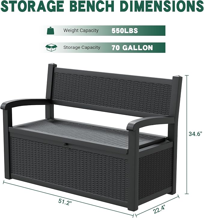 80 Gallon Outdoor Storage Bench, Resin Patio Storage Bench with Armrest, Lockable Deck Boxes Outdoor Waterproof and UV Resistant for Cushions, Garden Tools and Pool Supplies, Matte Black