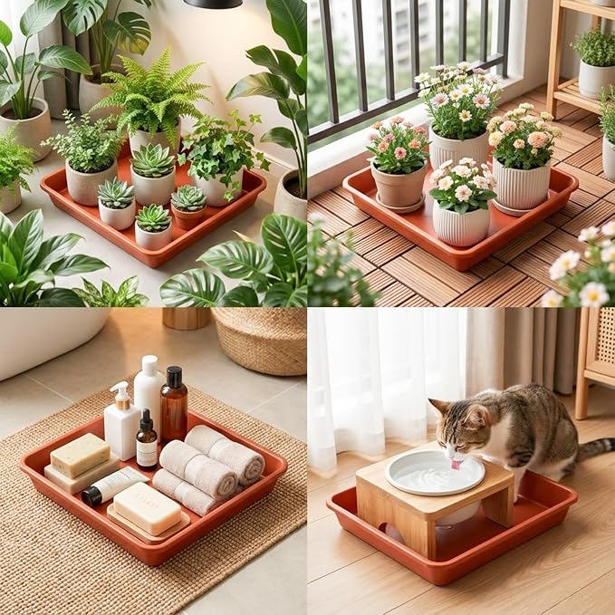10 Pack Square Plant Saucer 10 Inches Plant Trays for Pots Plastic Square Drip Trays Flower Pot Saucers Black Planter Water Tray Plant Drainage Tray, Brick Red
