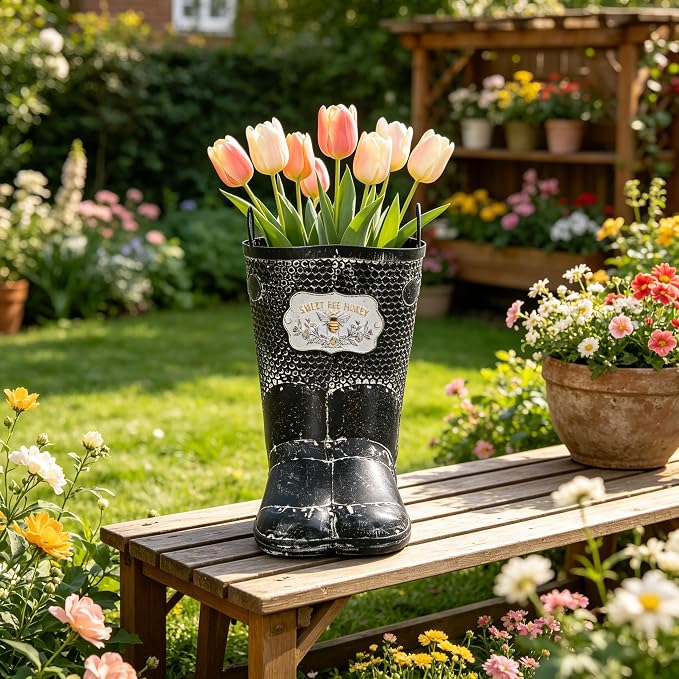 Vintage Metal Planters with Handle Distressed Decor Rustic Farmhouse Flower Pot with Sweet Bee Honey Emblem, Indoor/Outdoor Decorative Plants Buckets for Wedding Home Garden Patio Decor