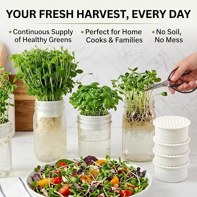 Microgreens Growing Kit Compatible with Mason Jar, 4-Pack Deep & Shallow Hydroponic Sprouting Trays for Indoor Gardening, Easy Indoor Microgreens Grower for Kitchen Herb Gardening and Home Growing