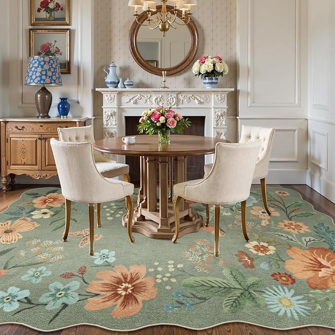 Lahome Floral 9x12 Area Rugs for Living Room Bedroom, Soft Washable Rugs | Stain Resistant Ultra-Thin Non-Slip Boho Dining Room Rug Accent Carpet for Office Flore (9x12ft, Green)