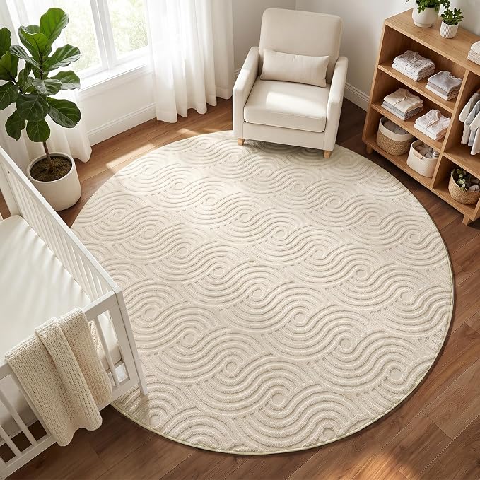 Etwel 6.5 ft Beige Abstract Textured High-Low Pile Washable Round Rug | Modern Soft Carpet, Non-Slip PVC Backing, Low Profile, Kid and Pet Friendly, for Living Room, Bedroom, Dining Room, Nursery