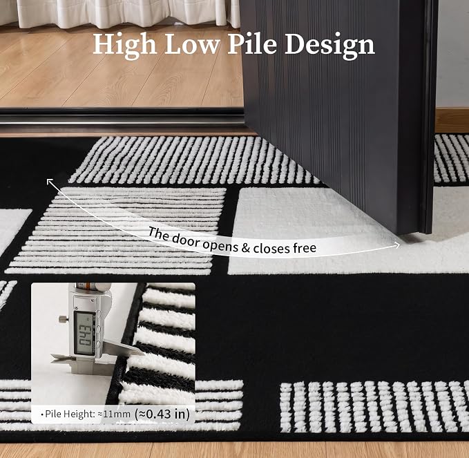 4x6 Black and White Area Rug, Washable Non Slip Modern Entry Carpet | Stain-resistant Low-pile Black and White Geometric Rug, Abstract Patchwork Carpet for Hallway and Home Office