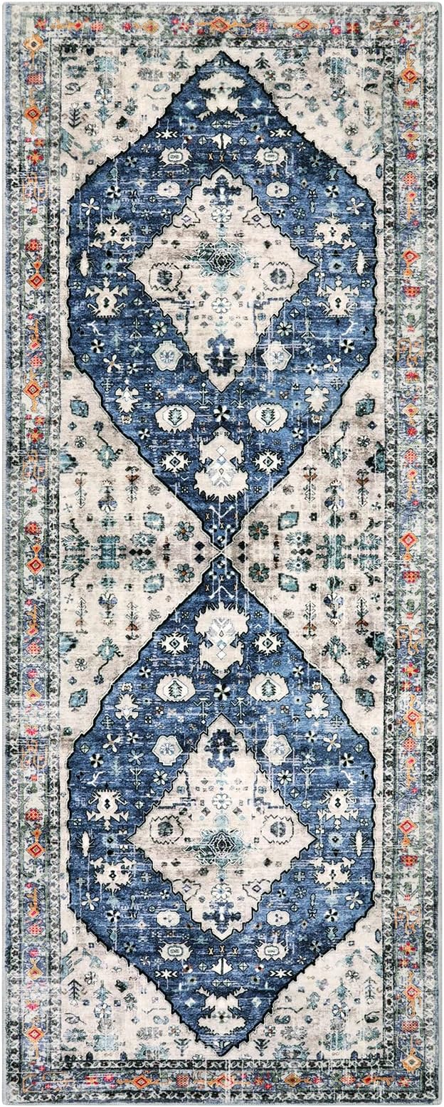 Lahome Felice Boho Tribal Runner Rug - 2x5 Blue Soft Bathroom Rug Runner Laundry Room Mat, Medallion Soft Non Slip Machine Washable Entryway Carpet Runners for Kitchen Sink Bedside Front Door Hallway