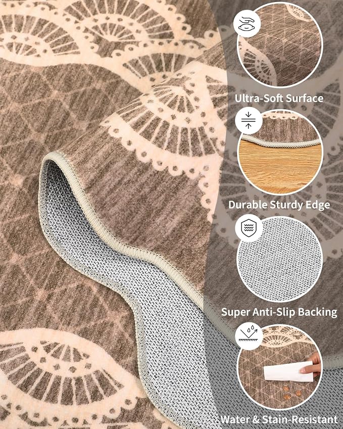 Garvee Scalloped Washable Rug 9x12 Rugs for Living Room Large Rug Camel | Soft Non Slip Rugs for Bedroom, Low Pile Neutral Rug, Stain Resistant Foldable Carpet for Playroom Dorm, Farmhouse Rugs